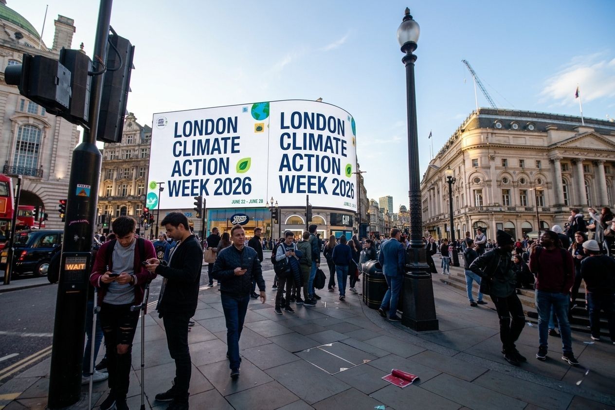 London Climate Action Week banners in central London